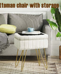 Faux Fur Vanity Stool With Hidden Storage Soft Padded Seat On Four Metal Legs With Anti Slip Feet next to a couch