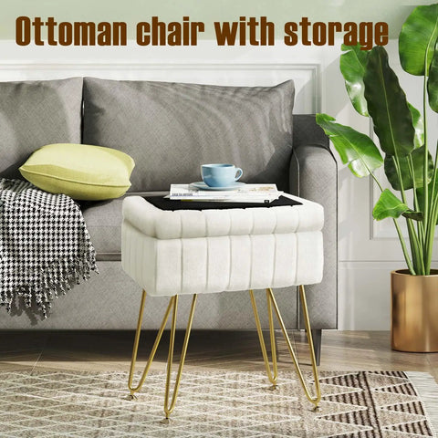 Faux Fur Vanity Stool With Hidden Storage Soft Padded Seat On Four Metal Legs With Anti Slip Feet next to a couch