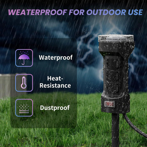 Slick 24 Hour Outdoor Stake Timer Boasts 6 Outlets And 6 Ft Extension Cord in rain with waterproof features for outdoor use.