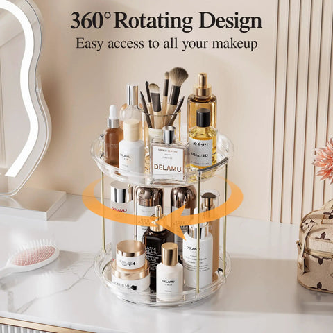 Two Tier Clear Rotating Vanity Organizer With Smooth 360 Degree Spin For Skincare And Perfume Beauty Essentials Storage on counter with bottles and jars.