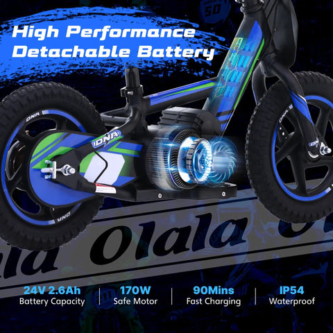 Kids Electric Dirt Bike For Ages 3 6, 170W Racing Grade Electric Motorcycle With Aluminum Frame, Dual Power Modes, 24V Detachable Battery, 12 Inch Knobby Tires, Off Road Mini Racer For Backyard Tracks, side view