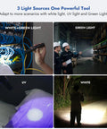Four lighting scenarios of Rechargeable Flashlight With 1300 Lumens, 118 Meter Throw, Six Modes, 3 in 1 White LED UV Blacklight 365nm And Green Light