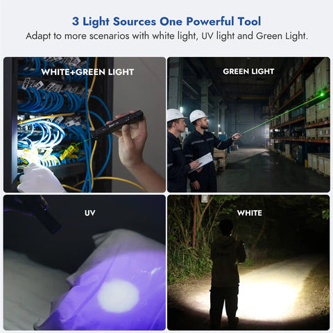 Four lighting scenarios of Rechargeable Flashlight With 1300 Lumens, 118 Meter Throw, Six Modes, 3 in 1 White LED UV Blacklight 365nm And Green Light
