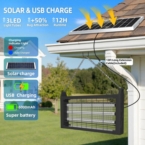 Outdoor Solar Bug Zapper For 3000 Sq Ft Coverage hung on a patio with solar panel and USB charging, with 3 LED tubes and waterproof design