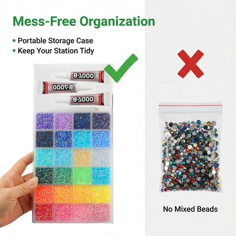 Nine Thousand Pcs Rainbow Rhinestones Bedazzling Kit with organized case and glue tubes, avoiding mixed beads
