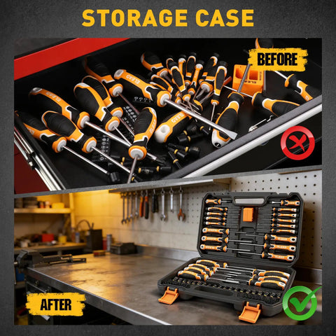 Before and after organizing 86 Piece Magnetic Screwdriver Set With Torx Slotted Phillips Precision Drivers, SAE And Metric Nut Drivers