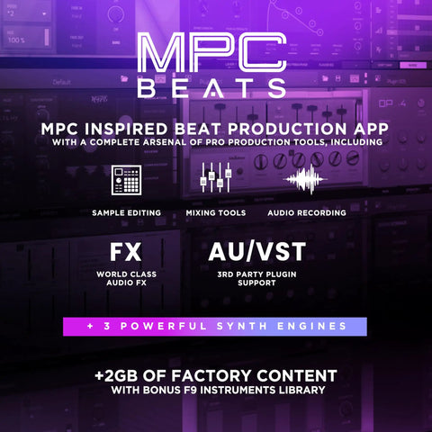 MPC Beats production app image showcasing sample editing, mixing tools, and audio recording features.