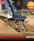 Cordless 20V Tiller Cultivator With 8 Inch Wide Steel Tines Battery Powered Garden Cultivator breaking soil at 360 RPM