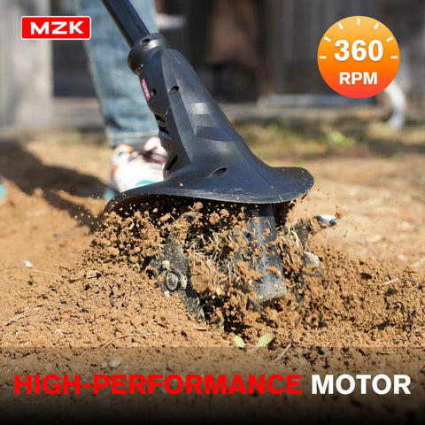 Cordless 20V Tiller Cultivator With 8 Inch Wide Steel Tines Battery Powered Garden Cultivator breaking soil at 360 RPM