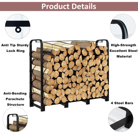 Beefy Heavy Duty Firewood Rack With Log Carrier Four Foot Outdoor Wood Storage Stand with logs, steel structure, lock ring