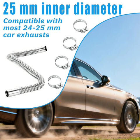 25 mm exhaust hose with clamps next to a speeding car, showcasing compatibility with 24-25 mm car exhausts.