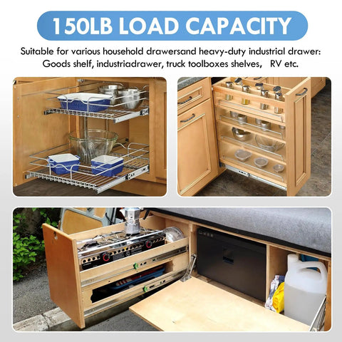 Heavy Duty Drawer Slides With 150 Lb Load Capacity Side Mount Ball Bearing Full Extension Runner For Cabinets And Tool Boxes 12 To 40 Inch Available No Lock in kitchen and RV storage usage.