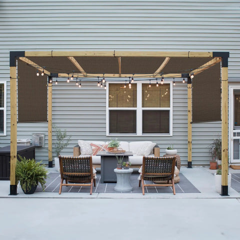 Outdoor setup with Pergola Canopy Replacement Cover Shade Cloth With Grommets And Weighted Rods For Outdoor UV Block Sun Shade Gazebo Backyard Deck Porch Balcony Brown 10x16 ft