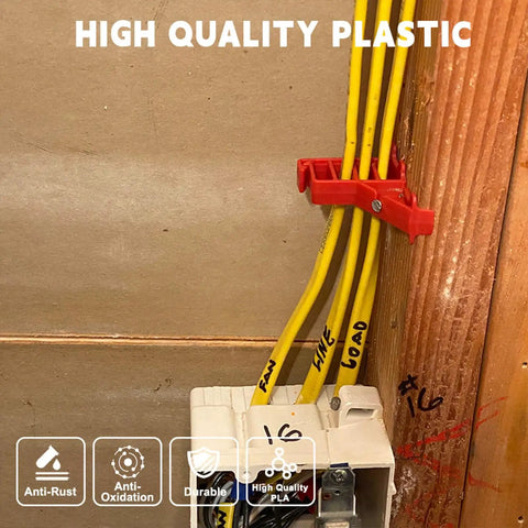 Mingzhe Multi Cable Clips 25 Pack, red clip securing multiple yellow electrical wires on a wall, made from high quality plastic.