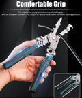 Person using the 18 In 1 Foldable Wire Stripper Kit With Crimping Pliers Cutter Twister And Splitting Tool for electrical cables.