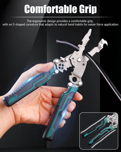 Person using the 18 In 1 Foldable Wire Stripper Kit With Crimping Pliers Cutter Twister And Splitting Tool for electrical cables.