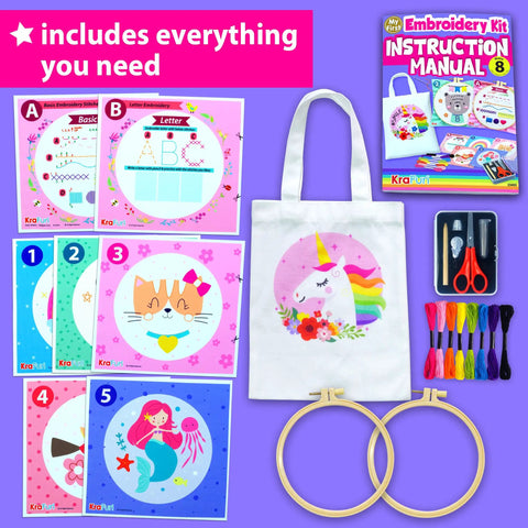 Beginner Embroidery Kit For Kids And Adults Noob Friendly Starter Set With 7 Pre Printed Patterns Tote Bag Hoop And Tool Box For Easy DIY Hand Sewing Practice Project