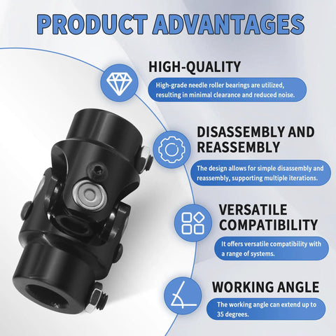 Heavy Duty Steering Shaft Universal Joint Coupling With Eleven Sixteenths Inch Spline And Thirty Six Spline To Three Quarters Inch DD End Black Metal U Joint Replacement For Easy Direct Swap, black metal U-joint with 35° working angle