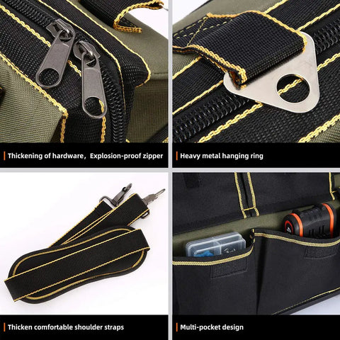 15 Inch Wide Mouth Tool Bag With Waterproof Molded Base showing zippers, hanging ring, shoulder straps, and multi-pocket design.