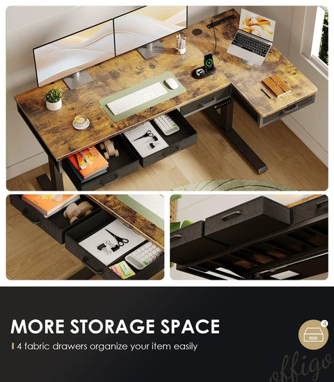 Top view of 63 Inch L Shaped Electric Standing Desk With Four Fabric Drawers For Home Office Corner Setup Provides Extra Storage