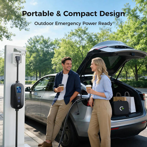 Tesla Portable Electric Vehicle Charger Level 1 And Level 2 Mobile Wall Connector With 16A Adjustable Amperage And Smart Timer Cord For Cybertruck Model 3 Y And Plug And Play Charging in use at charging station.