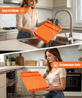Woman using Rollable Silicone Grill Mat For Griddle Tools And BBQ Accessories, Heat Resistant, cleaning in sink and placing in dishwasher.