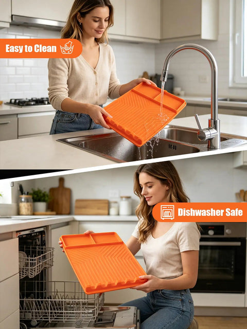 Woman using Rollable Silicone Grill Mat For Griddle Tools And BBQ Accessories, Heat Resistant, cleaning in sink and placing in dishwasher.