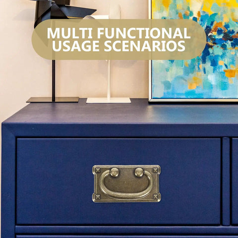 Four Piece Vintage Zinc Alloy Cabinet Pulls With Brass Ring Drawer Handles on blue cabinet