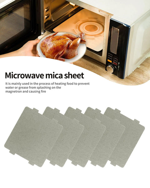 Five Pack Waveguide Covers Mica Sheets For Microwave Ovens, Universal Fit, Cut To Size 108mm By 99mm, shown near microwave