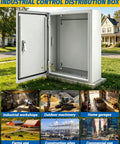 Heavy Duty Electrical Junction Box 16x12x8 Inch IP66 Nema 4X Rated Steel Enclosure with open door, ideal for job site use.
