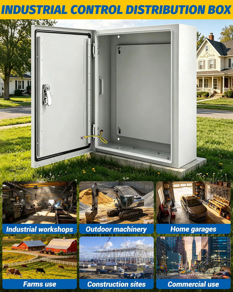 Heavy Duty Electrical Junction Box 16x12x8 Inch IP66 Nema 4X Rated Steel Enclosure with open door, ideal for job site use.
