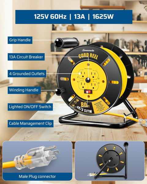 80 Foot Heavy Duty Retractable Extension Cord Reel For Indoor Outdoor Use With Four Grounded Outlets 14/3 AWG SJTW Cord 13 Amp Circuit Breaker