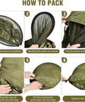 Steps to pack Mosquito Net Camping Hammock With Lightweight Parachute Nylon shown in six images with gathering and bag insertion