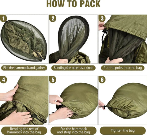 Steps to pack Mosquito Net Camping Hammock With Lightweight Parachute Nylon shown in six images with gathering and bag insertion