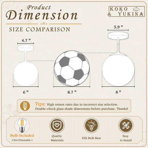 Product dimension comparison for Mid Century Modern Globe Ceiling Light With Frosted Glass Ball And Totally Slick Gold Brass Finish Knockout Semi Flush Mount Fixture.