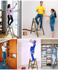 People using Lightweight Aluminum 3 Step Folding Ladder with Wide Anti Slip Pedals, 330 Lb Capacity, for home tasks.