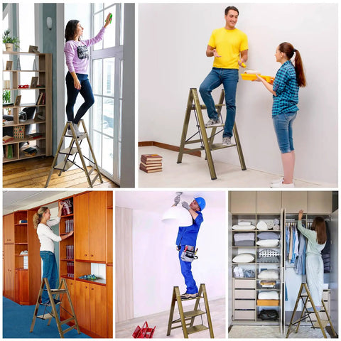 People using Lightweight Aluminum 3 Step Folding Ladder with Wide Anti Slip Pedals, 330 Lb Capacity, for home tasks.