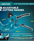 Libraton PVC pipe cutter teal body with black grips; two adjustable cutting ranges for 0–50 mm and 50–63 mm