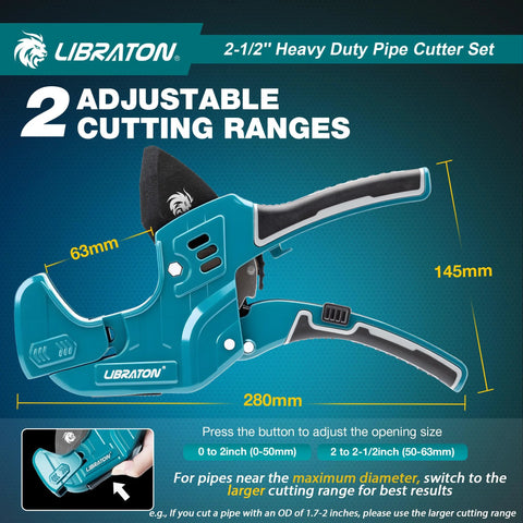 Libraton PVC pipe cutter teal body with black grips; two adjustable cutting ranges for 0–50 mm and 50–63 mm