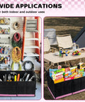 72L Trunk Organizer With Waterproof Design And Non Slip Bottom Strips, Large Capacity Auto Storage Box used indoors and outdoors, black with pink accents, shown in garage with tools and on picnic table with snacks.