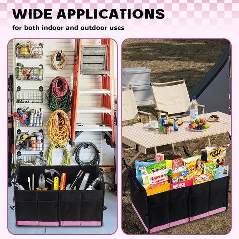 72L Trunk Organizer With Waterproof Design And Non Slip Bottom Strips, Large Capacity Auto Storage Box used indoors and outdoors, black with pink accents, shown in garage with tools and on picnic table with snacks.