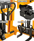 Close-up of Tough Manual Straddle Pallet Stacker highlighting ergonomic steering, hydraulic pump, stable wheels, and flexible forks.