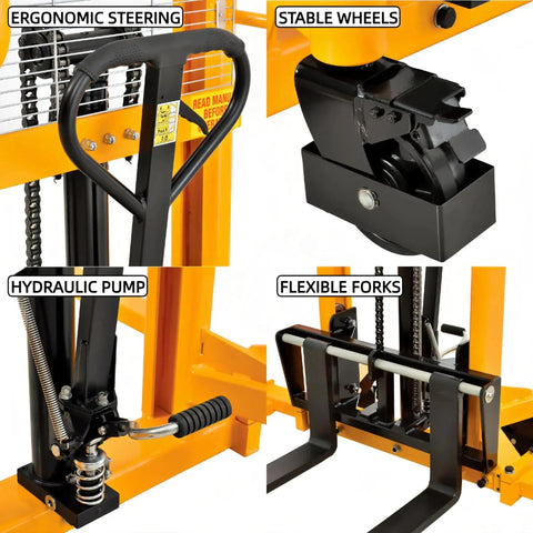 Close-up of Tough Manual Straddle Pallet Stacker highlighting ergonomic steering, hydraulic pump, stable wheels, and flexible forks.
