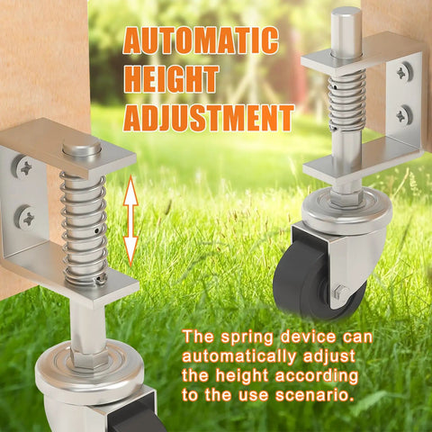 Automatic height adjustment feature of heavy duty two inch gate wheels for wooden gates with rubber casters and swivel handles.
