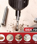 Countersink Drill Bit Set Five Piece Tapered Drill Bits With One Quarter Inch Hex Shank Quick Change Includes Allen Wrench For Woodworking In Soft And Hard Wood Adjustable Depth Stop For Precise Pilot Holes used in wood drilling