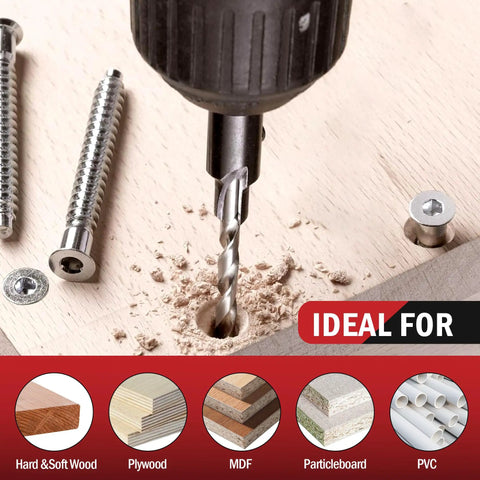 Countersink Drill Bit Set Five Piece Tapered Drill Bits With One Quarter Inch Hex Shank Quick Change Includes Allen Wrench For Woodworking In Soft And Hard Wood Adjustable Depth Stop For Precise Pilot Holes used in wood drilling