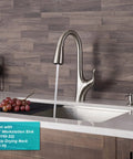 Merlin Dual Function Pull-Down Kitchen Faucet With Single Handle, 16-Inch Reach, stainless steel finish, mounted on sink.