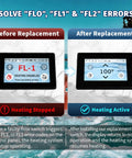 Flow Switch Replacement Part 2560 040 For Hot Tubs Fixes FLO FL1 FL2 Errors With No Sweat Install showing before and after spa control panel