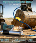 Beast Cordless Electric Grease Gun Kit with Dual 4.0Ah Batteries displayed with heavy machinery, showcasing 12000 PSI power.