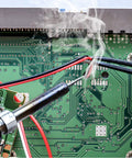 Soldering iron on circuit board with Tin Lead Solder Wire Kit With Rosin Paste Flux 60-40 Core Solder 0.8mm Diameter 50g, red and black wires